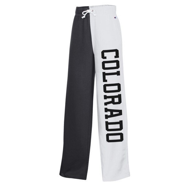 A colorblock sweatpant with colorado written in black on the white leg and no writing on the black other leg, with a drawstring waist.